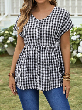 EMERY ROSE Camisa suelta de cuadros de verano para mujer con cuello en V, manga corta de murcielago y dobladillo con volantes