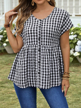 EMERY ROSE Camisa suelta de cuadros de verano para mujer con cuello en V, manga corta de murcielago y dobladillo con volantes