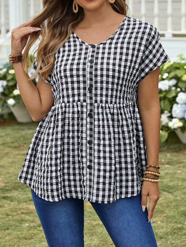 EMERY ROSE Camisa suelta de cuadros de verano para mujer con cuello en V, manga corta de murcielago y dobladillo con volantes
