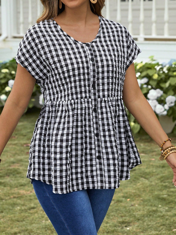 EMERY ROSE Camisa suelta de cuadros de verano para mujer con cuello en V, manga corta de murcielago y dobladillo con volantes