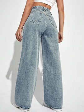 Jeans holgados informales para mujer con piernas anchas y bolsillos
