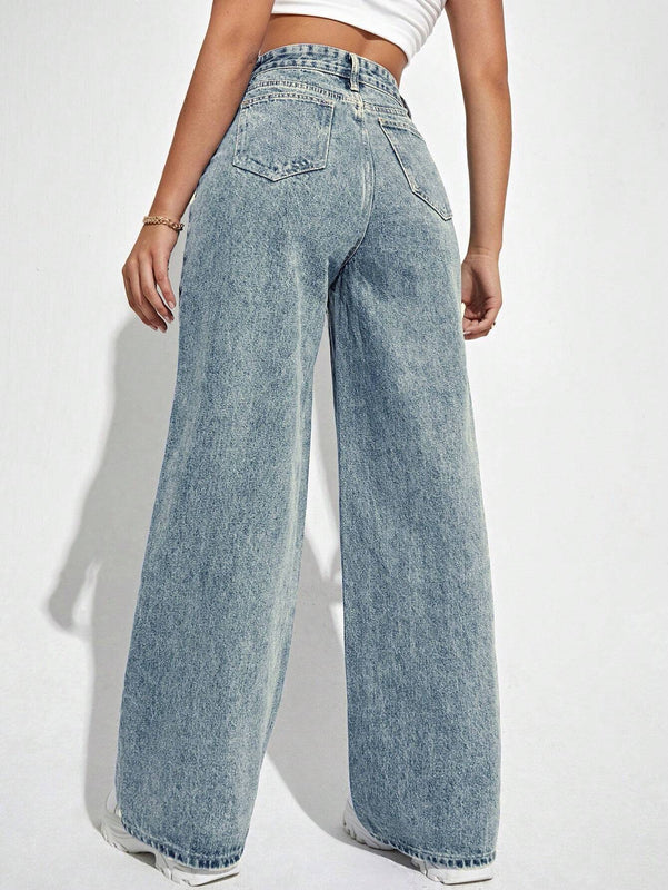 Jeans holgados informales para mujer con piernas anchas y bolsillos