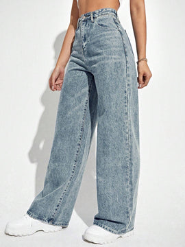 Jeans holgados informales para mujer con piernas anchas y bolsillos
