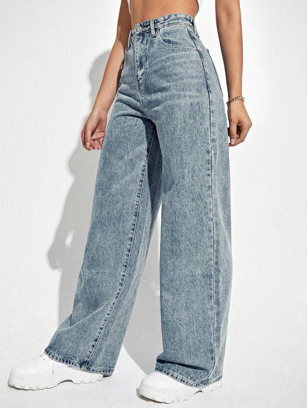 Jeans holgados informales para mujer con piernas anchas y bolsillos