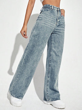 Jeans holgados informales para mujer con piernas anchas y bolsillos