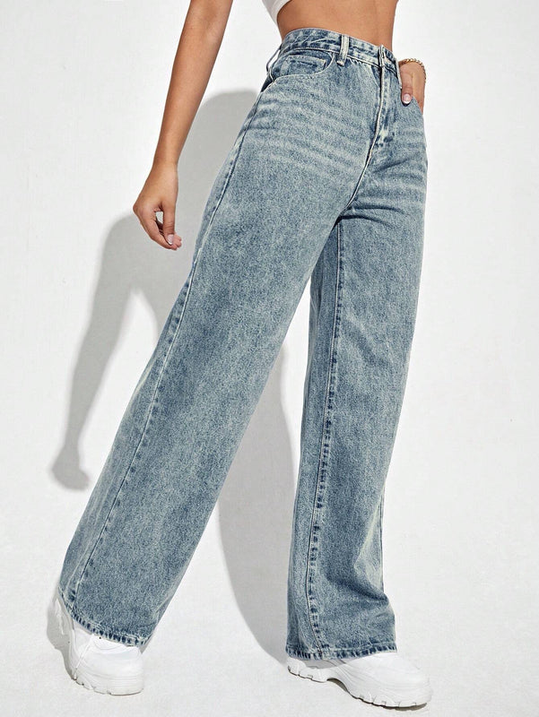 Jeans holgados informales para mujer con piernas anchas y bolsillos