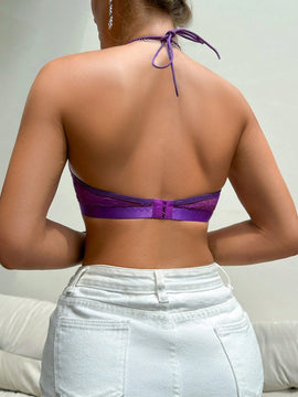 Sujetador elegante hueco de encaje sexy con cuello halter para mujeres
