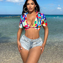 SXY Camisa corta de verano con mangas ultra cortas y frente anudado con giros