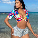 SXY Camisa corta de verano con mangas ultra cortas y frente anudado con giros