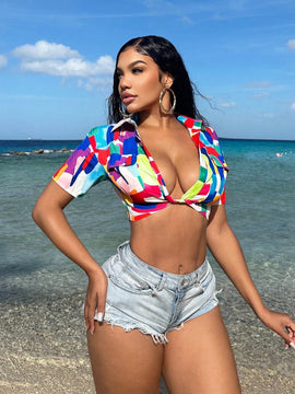 SXY Camisa corta de verano con mangas ultra cortas y frente anudado con giros