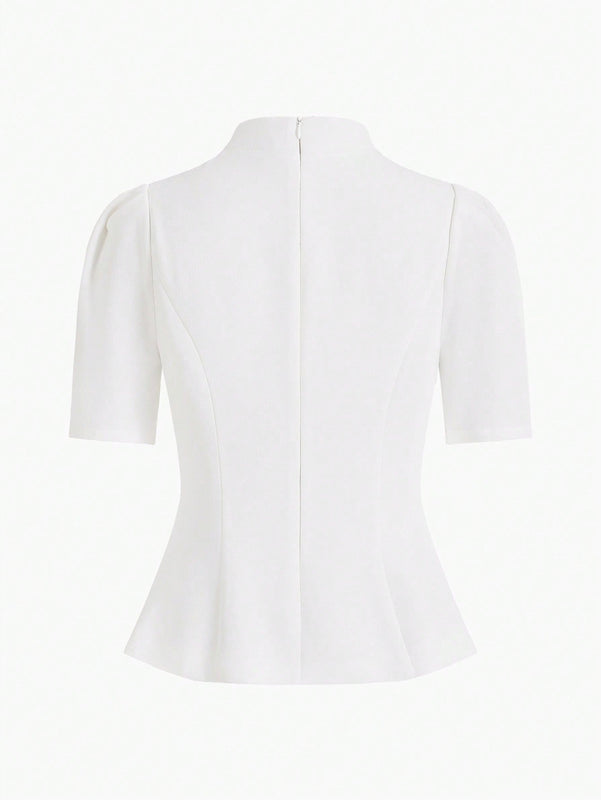 MOTF PREMIUM Blusa De Manga Abullonada Con Cuello En Ojal De Mujer Tejida