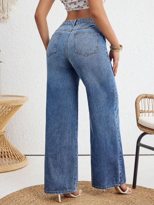 X SAMADHI  VCAY Jeans casuales de pierna recta para mujer con cintura alta y ajuste holgado lavado