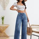 X SAMADHI  VCAY Jeans casuales de pierna recta para mujer con cintura alta y ajuste holgado lavado