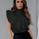 Prive Camisa de mujer de verano con cuello de pie y borde de seta, decoracion de borde de volantes de multiples capas y diseno de unas de clip en la manga