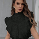Prive Camisa de mujer de verano con cuello de pie y borde de seta, decoracion de borde de volantes de multiples capas y diseno de unas de clip en la manga