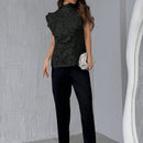 Prive Camisa de mujer de verano con cuello de pie y borde de seta, decoracion de borde de volantes de multiples capas y diseno de unas de clip en la manga
