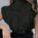 Prive Camisa de mujer de verano con cuello de pie y borde de seta, decoracion de borde de volantes de multiples capas y diseno de unas de clip en la manga
