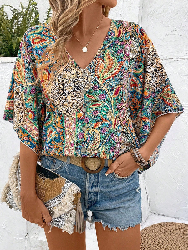LUNE Camisa de verano para mujeres con estampado Paisley adecuada para festivales de musica