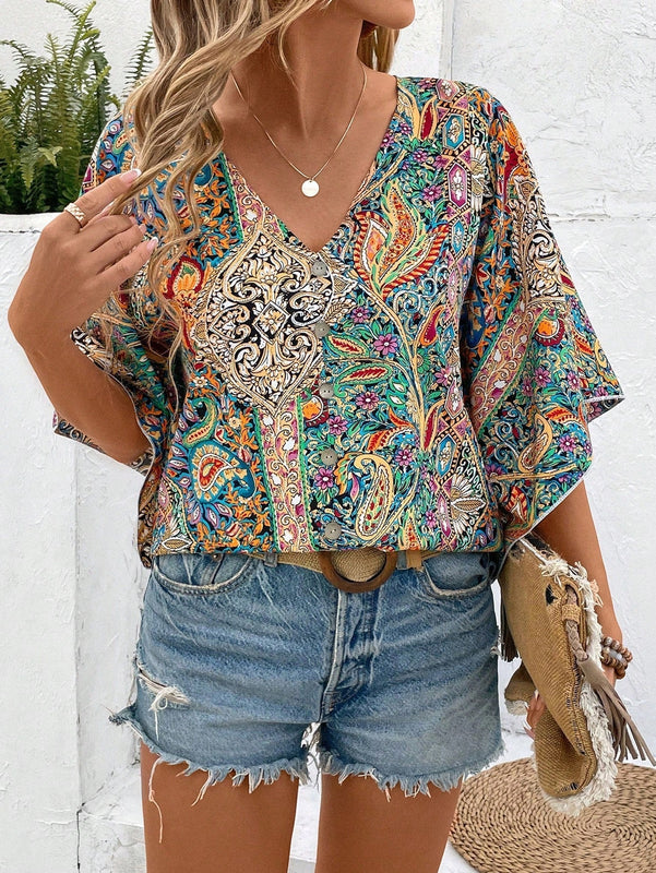 LUNE Camisa de verano para mujeres con estampado Paisley adecuada para festivales de musica