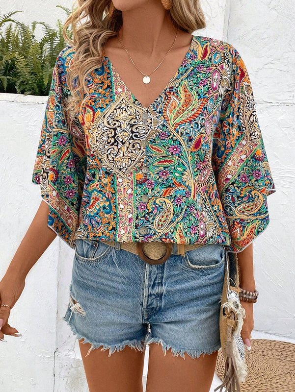 LUNE Camisa de verano para mujeres con estampado Paisley adecuada para festivales de musica