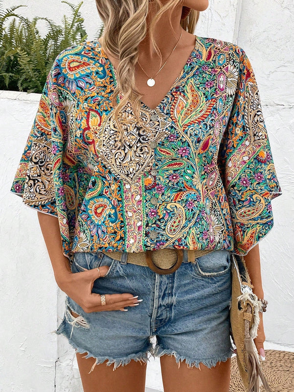 LUNE Camisa de verano para mujeres con estampado Paisley adecuada para festivales de musica