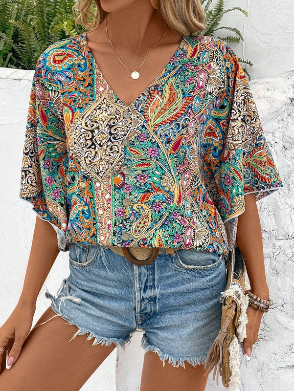 LUNE Camisa de verano para mujeres con estampado Paisley adecuada para festivales de musica