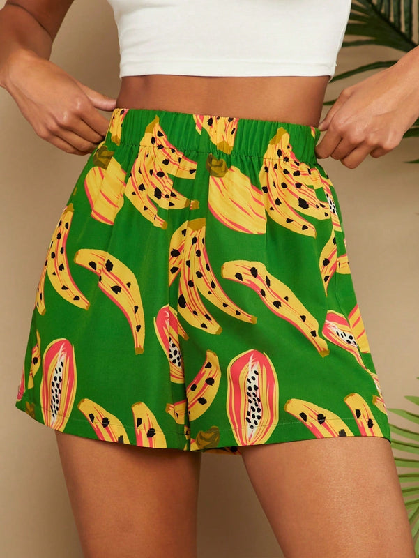 TRVLCHIC Pantalones cortos de talle alto y pierna ancha con estampado de frutas tropicales para vacaciones en primavera/verano