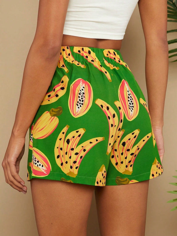 TRVLCHIC Pantalones cortos de talle alto y pierna ancha con estampado de frutas tropicales para vacaciones en primavera/verano