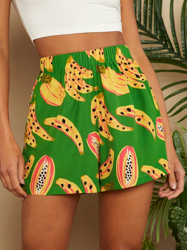 TRVLCHIC Pantalones cortos de talle alto y pierna ancha con estampado de frutas tropicales para vacaciones en primavera/verano
