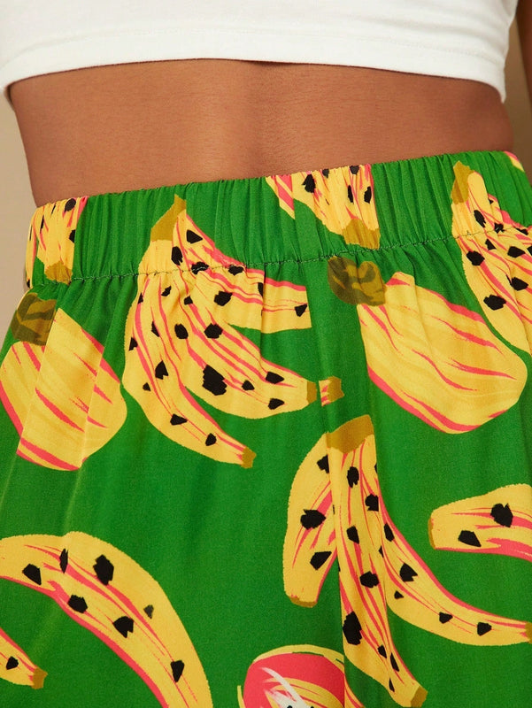 TRVLCHIC Pantalones cortos de talle alto y pierna ancha con estampado de frutas tropicales para vacaciones en primavera/verano