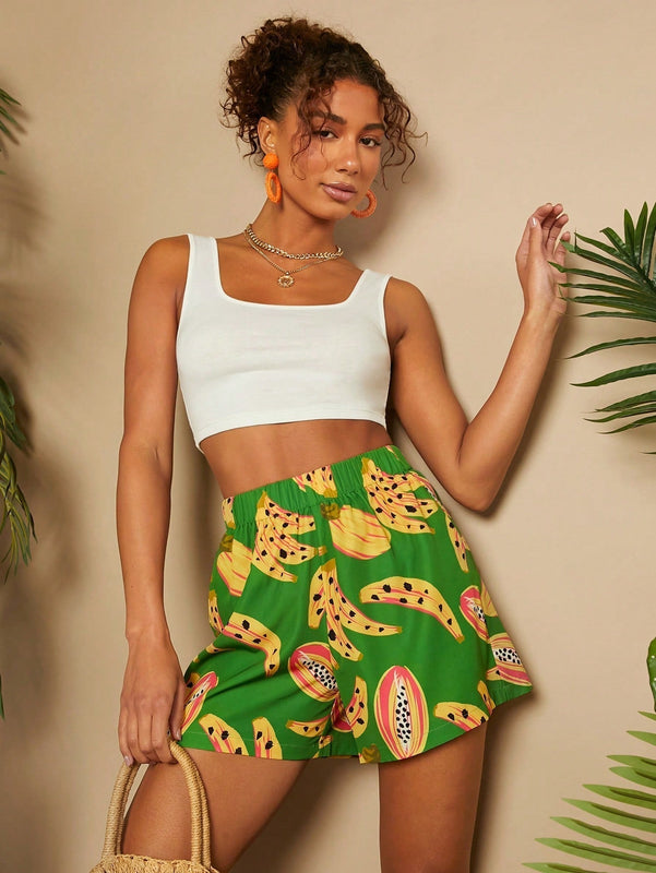 TRVLCHIC Pantalones cortos de talle alto y pierna ancha con estampado de frutas tropicales para vacaciones en primavera/verano