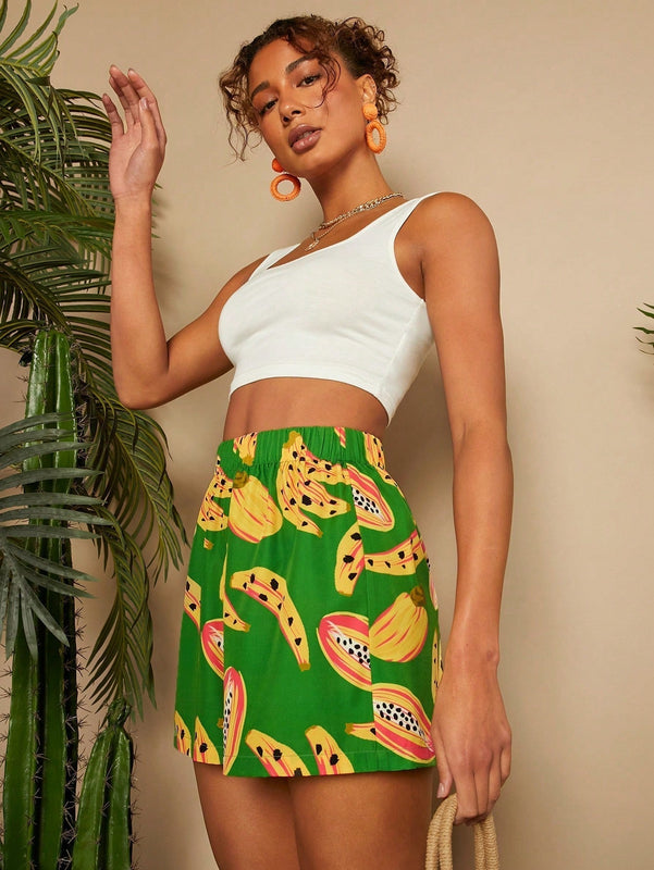 TRVLCHIC Pantalones cortos de talle alto y pierna ancha con estampado de frutas tropicales para vacaciones en primavera/verano