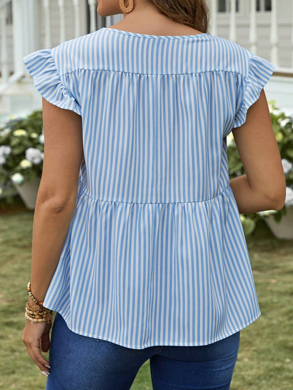 EMERY ROSE Top de peplum de blusa con volantes decorados y rayas casuales de verano