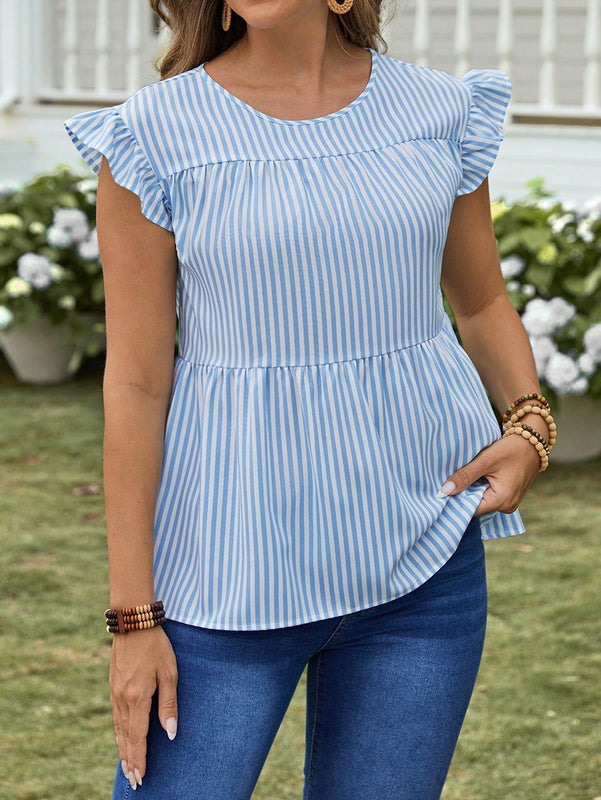 EMERY ROSE Top de peplum de blusa con volantes decorados y rayas casuales de verano