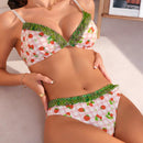 Conjunto De Ropa Interior Con Ribetes De Encaje Y Empalme Con Estampado De Fresas