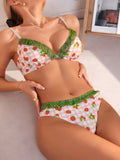 Conjunto De Ropa Interior Con Ribetes De Encaje Y Empalme Con Estampado De Fresas