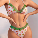 Conjunto De Ropa Interior Con Ribetes De Encaje Y Empalme Con Estampado De Fresas