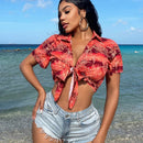 SXY Camisa corta estilo vacaciona con lazos en la parte delantera para mujeres