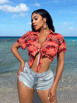 SXY Camisa corta estilo vacaciona con lazos en la parte delantera para mujeres