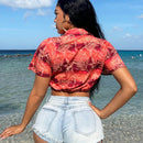 SXY Camisa corta estilo vacaciona con lazos en la parte delantera para mujeres