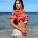 SXY Camisa corta estilo vacaciona con lazos en la parte delantera para mujeres