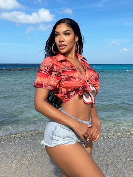 SXY Camisa corta estilo vacaciona con lazos en la parte delantera para mujeres