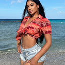 SXY Camisa corta estilo vacaciona con lazos en la parte delantera para mujeres
