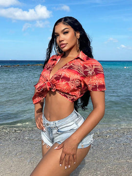 SXY Camisa corta estilo vacaciona con lazos en la parte delantera para mujeres