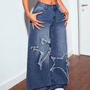 PETITE Jeans casuales de mezclilla para mujeres con pierna ancha, parche de estrella de cinco puntas y bolsillos