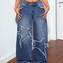 PETITE Jeans casuales de mezclilla para mujeres con pierna ancha, parche de estrella de cinco puntas y bolsillos