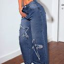 PETITE Jeans casuales de mezclilla para mujeres con pierna ancha, parche de estrella de cinco puntas y bolsillos