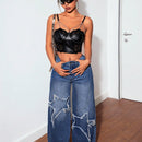 PETITE Jeans casuales de mezclilla para mujeres con pierna ancha, parche de estrella de cinco puntas y bolsillos