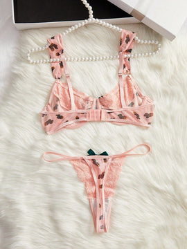 Conjunto De Sujetador Y Tanga Para Mujer Con Encaje Y Malla Y Con Aros