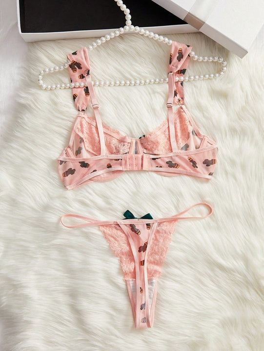 Conjunto De Sujetador Y Tanga Para Mujer Con Encaje Y Malla Y Con Aros